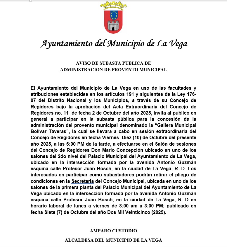 AVISO DE SUBASTA PUBLICA DE ADMINISTRACIÓN DE PROVENTO MUNICIPAL.